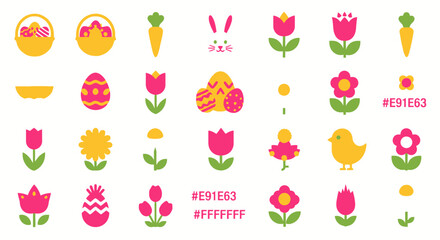 Flat vector easter illustration set with tulip flowers bunny egg and spring elements