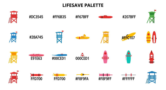 Colorful Lifesaving Equipment Palette with Beach Rescue Elements and Color Codes
