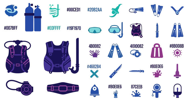 Collection of vector icons representing scuba diving equipment and accessories for underwater