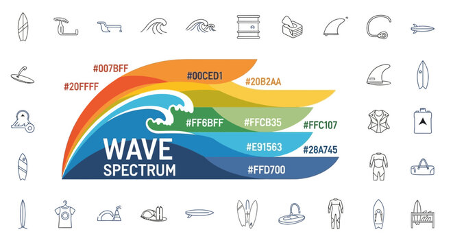 Wave spectrum visual representation with surfing gear icons and vibrant color palette illustration