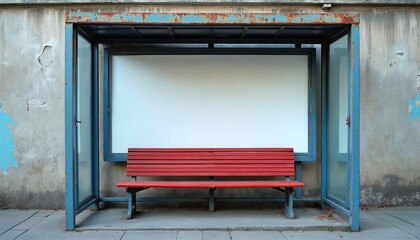 Modernist bus stop shelter with empty advertising panel. Red bench invites passerby to rest. Urban public transport waiting zone has glass walls.