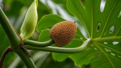 Monstera plant w bud seed pod Broad leaves green stems Golden pod w many circular bumps