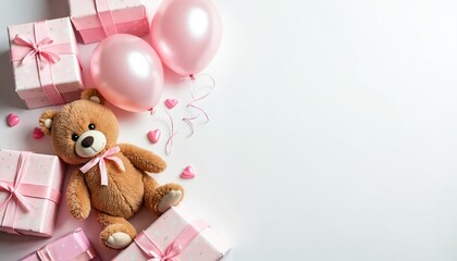 Pink gifts, balloons, teddy bear, and hearts arranged on white surface. Great for baby shower, birthday, or Valentines day designs. Copy space available for text.