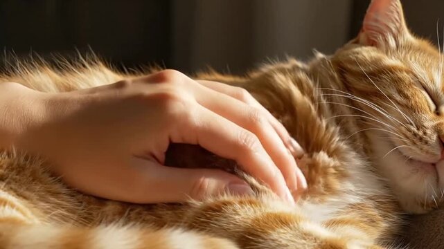 Gentle human hand petting a contented orange tabby cat, showing affection and care