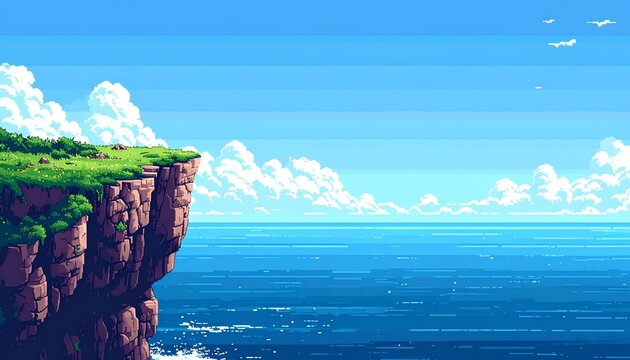 A vibrant cliffside view with lush greenery, serene ocean, and bright blue sky, enhancing tranquility