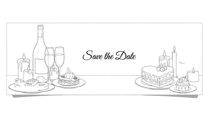Obraz premium Elegant wedding celebration illustration with cake, wine, and glasses on a table