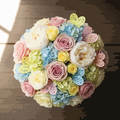 VALENTINE bouquet of pastel roses and hydrangeas on a wooden surface viewed from above