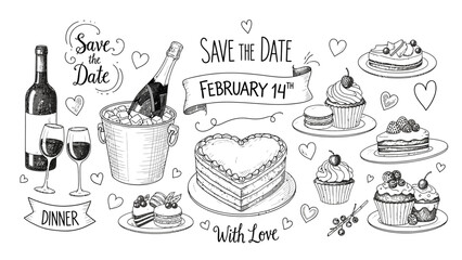 Romantic dinner illustration with cake, wine, and desserts save the date for february 14th