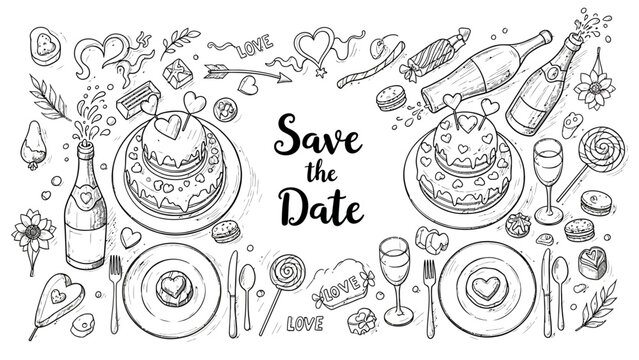 Celebratory dinner setup with Save the Date announcement, featuring wine, food, and romantic dinnerware in an elegant table setting - Powered by Adobe