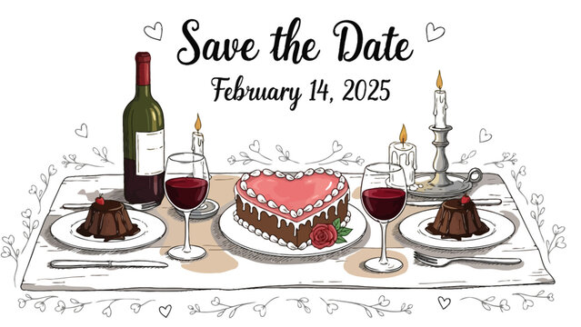 Romantic dinner setup for two with wine, cake, and dessert on a decorated table for Valentine's Day celebration - Powered by Adobe