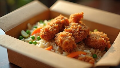 Crispy fried chicken strips on white rice with peas and carrots in a disposable cardboard box. This savory meal is ready to eat, perfect for quick lunches or dinners.