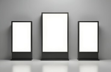 Three blank illuminated advertising light boxes stand on a grey surface. They are ready for custom content display. Use for commercial promotions. Mockup for design.