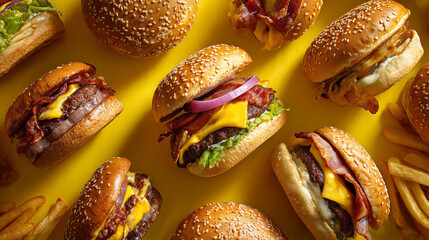 Overhead View of an Abundant Fast Food Feast: Numerous Bacon Cheeseburgers and Fries on a Bright Yellow Background
