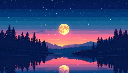 A serene digital landscape featuring a full moon reflecting on water beneath a starry sky