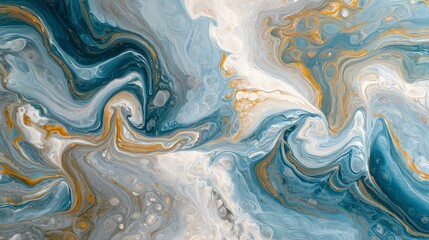 Obraz premium Abstract fluid art background with swirling blues, whites, and gold accents. Organic shapes create a dynamic and textured surface