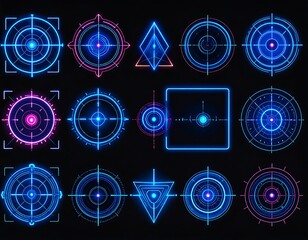 Neon aiming reticles and crosshairs with glowing effect on black background