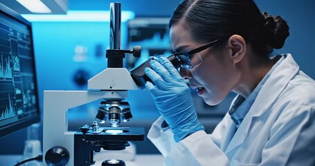 Scientist examining samples under a microscope in a modern laboratory with digital displays (1) - Powered by Adobe