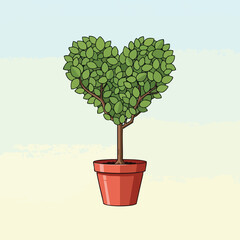 A heart-shaped tree in a pot, symbolizing love, is viewed from the front in a serene environment.