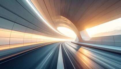 A futuristic tunnel with dynamic lines and warm lighting, creating a sense of speed and motion