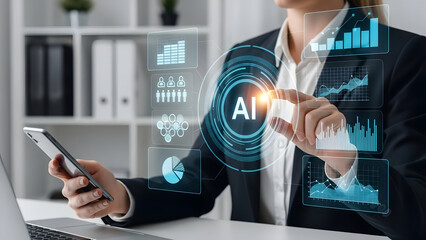 Businesswoman in a modern office interacts with a futuristic AI interface, symbolizing the integration of technology and innovation in business. This image represents the cutting-edge tools.