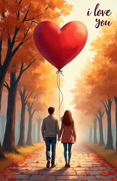 Couple walks hand in hand down a park path holding large red heart balloon. Autumn trees line the walkway, fallen leaves on ground. Text I love you is present.