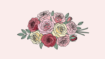 Valentine's Day bouquet illustration featuring roses and leaves in a circular arrangement