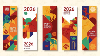 Modern geometric vertical banners for Chinese New Year 2026 - Year of the Horse