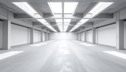 A spacious, well-lit, minimalist interior showcasing concrete architecture and ample natural light