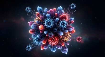 3D abstract illustration featuring microscopic virus particles fused with vibrant glowing crystals and geometric shapes depicting a futuristic scientific concept of viral evolution and digital biology
