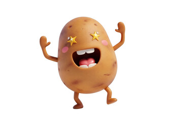 Happy 3d cartoon character potato with stars on its face and raised arms in excitement isolated on transparent background