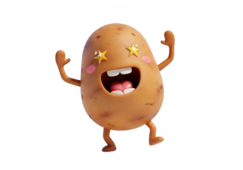 Happy 3d cartoon character potato with stars on its face and raised arms in excitement isolated on transparent background