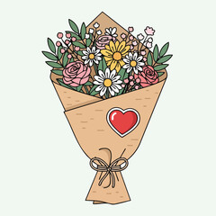 VALENTINE bouquet with heart icon surrounded by flowers in a vector illustration