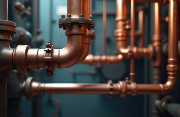 Copper pipes of a heating system in a boiler room. Industrial plumbing infrastructure with connected pipes and valves. Network of metal tubes carrying fluids for heating.