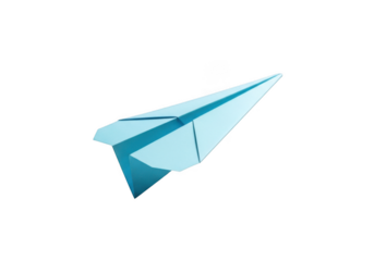 Blue paper airplane flying in mid-air, symbolizing creativity and freedom isolated on transparent background