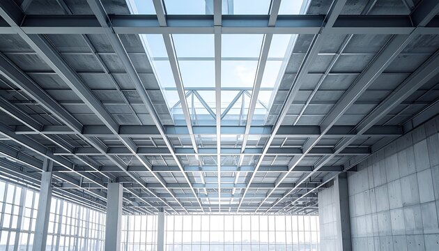 A modern architectural ceiling featuring large glass panels allowing natural light