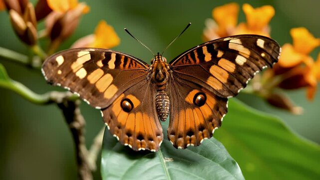 Close-up of a beautiful junonia iphita butterfly resting on green leaves with flowers