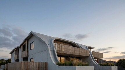 Fototapeta premium Innovative Architectural Design Featuring Contemporary Buildings Utilizing Sustainable Material for Eco-Friendly and Modern Living Spaces, Showcasing Artistic and Functional Construction