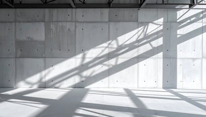 A minimalist interior scene showcasing a concrete wall illuminated by stark shadows