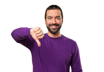 A man with a beard wearing a purple sweater giving a thumbs down gesture, expressing disapproval or dislike, with a confident and friendly demeanor, isolated on transparent background