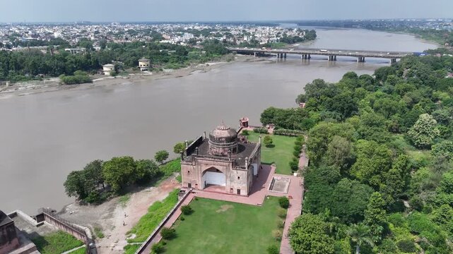 Aerial view of Chini Ka Rauza, a historic Mughal monument in Agra, India
