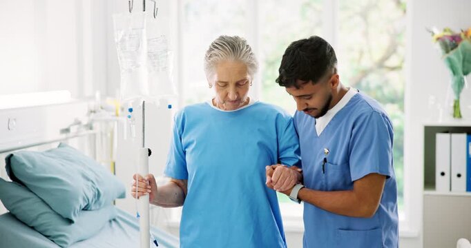 Holding hands, help and nurse with senior woman in hospital for service with walking in recovery. IV drip, support and healthcare worker with elderly female patient for mobility exercise in clinic.
