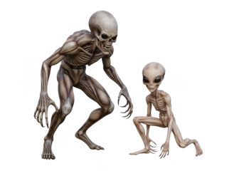 Two alien creatures, one tall and muscular, the other small and slender, standing in a dynamic pose, representing extraterrestrial life forms isolated on transparent background