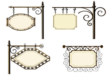 Vintage European lamppost sign set with rectangular, oval, hexagon, and shield shapes.
