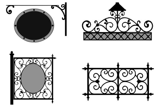 Sharp-edged black silhouettes ornate floral wrought iron shop signs in shield form, clean white backdrop, vector style.