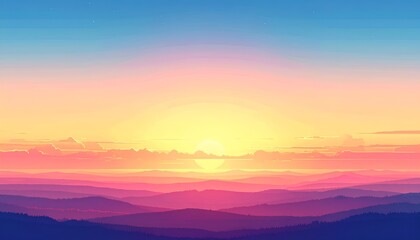 Obraz premium A serene gradient sunset casts a glow over layered mountains, transitioning from orange to blue
