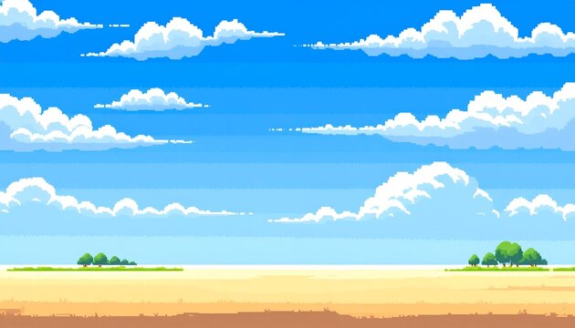 A vibrant, pixel-art landscape showcasing a clear blue sky dotted with fluffy clouds and greenery