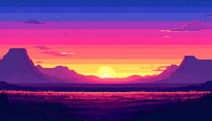 Acrylglasbilder Rosa A vibrant sunset landscape with mountains and reflective waters beneath a colorful sky  © Matthew