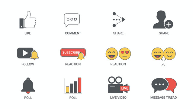 Social media icons set for digital communication and online interaction.