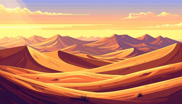 A remarkable desert landscape featuring undulating sand dunes under a vibrant sunset sky