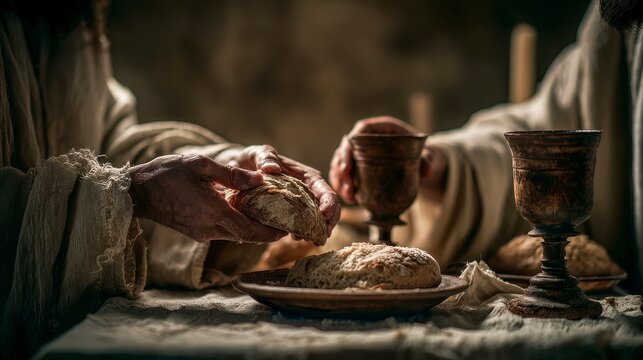 A close-up capturing a religious scene with bread being broken, wooden cups, and hands in focus. A warm, sepia-toned image emphasizing a sacred moment